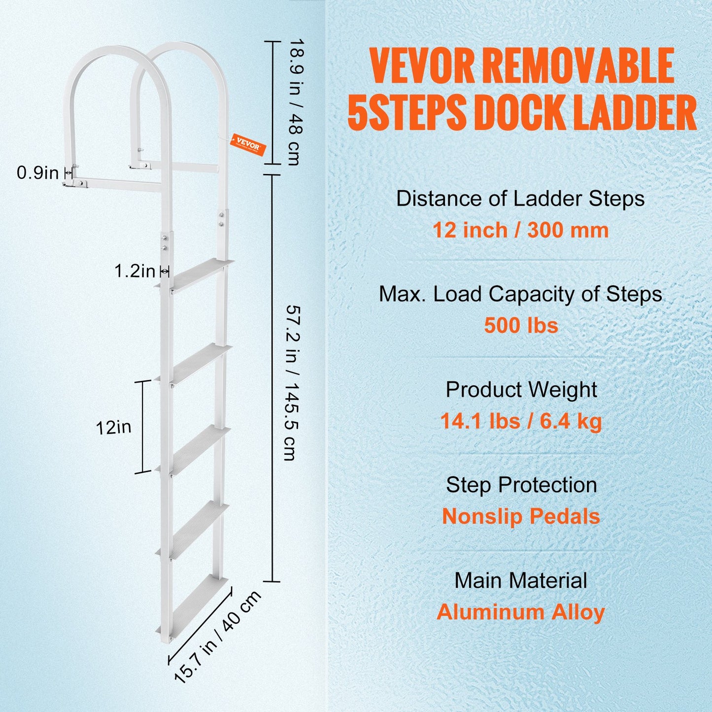 Dock Ladder, Detachable 5 Steps, 500 lbs Load Capacity, Aluminum Alloy Pontoon Boat Ladder with 3.1 Inch Wide Steps &amp; Non-Slip Rubber Mat, Easy to Install for Boat/Lake/Pool/Marine Boarding