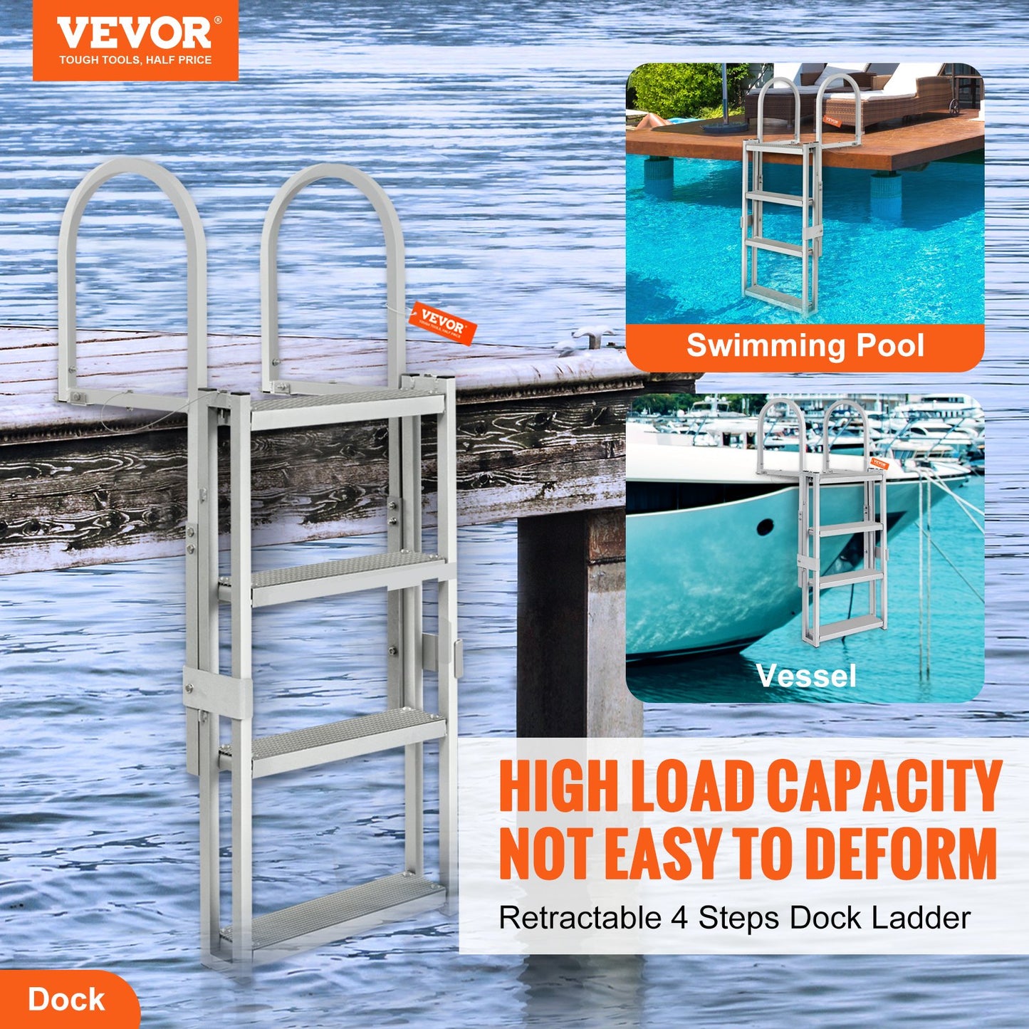 Aluminum Dock Ladder Boat Dock Ladder 55.1-67.1in Height Adjustable 4 Steps