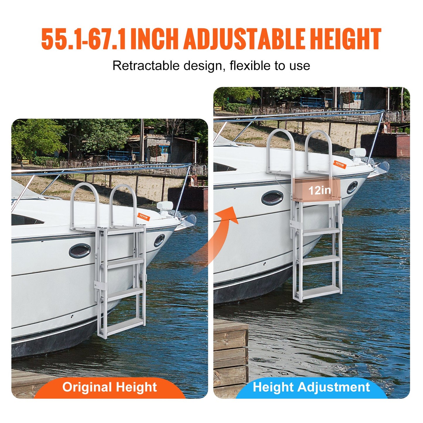 Aluminum Dock Ladder Boat Dock Ladder 55.1-67.1in Height Adjustable 4 Steps