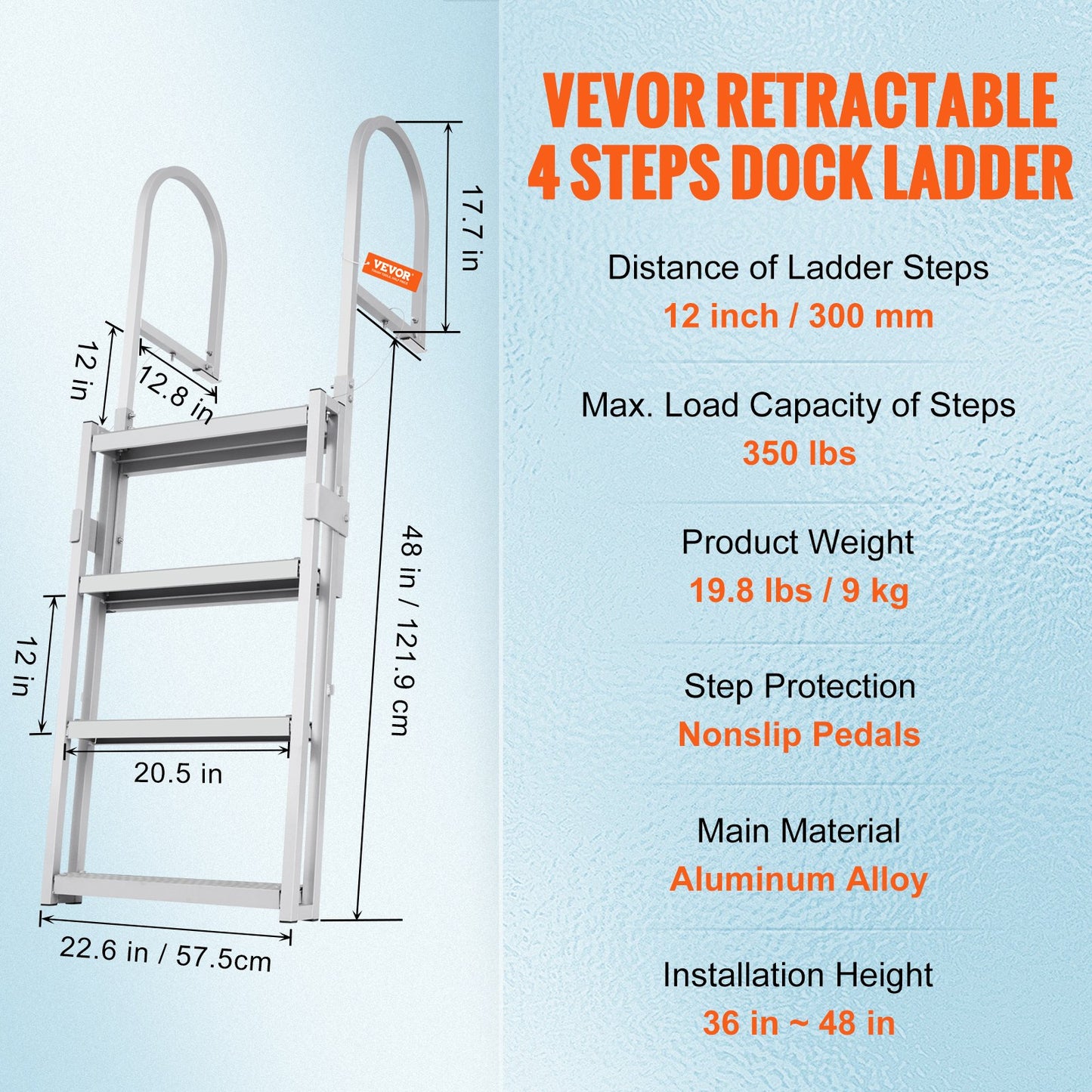 Aluminum Dock Ladder Boat Dock Ladder 55.1-67.1in Height Adjustable 4 Steps