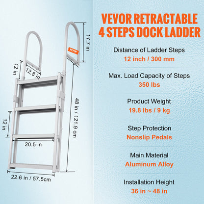 Aluminum Dock Ladder Boat Dock Ladder 55.1-67.1in Height Adjustable 4 Steps