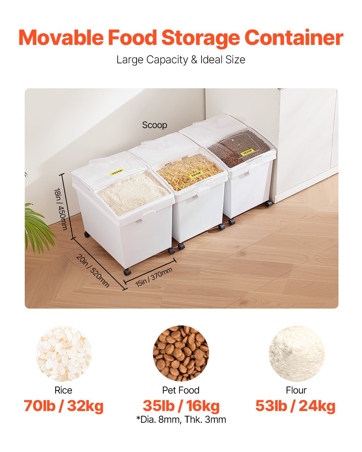 Rice Storage Container, 10.5Gallon/40L x3 Capacity Large Dog Food Dispenser Bin, Kitchen Ingredient Grain Cereal Flour Bin, Pet food Containers with Wheels, 3 Scoops, and Airtight Lid, 3 Pack