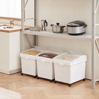 Rice Storage Container, 10.5Gallon/40L x3 Capacity Large Dog Food Dispenser Bin, Kitchen Ingredient Grain Cereal Flour Bin, Pet food Containers with Wheels, 3 Scoops, and Airtight Lid, 3 Pack