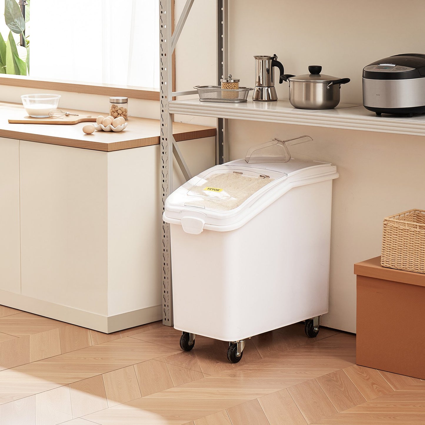 Rice Storage Container, 27Gallon/100L Capacity Large Dog Food Dispenser Bin, Kitchen Ingredient Grain Cereal Flour Bin, Pet food Containers with Wheels, Scoop, and Airtight Lid, 1 Pack