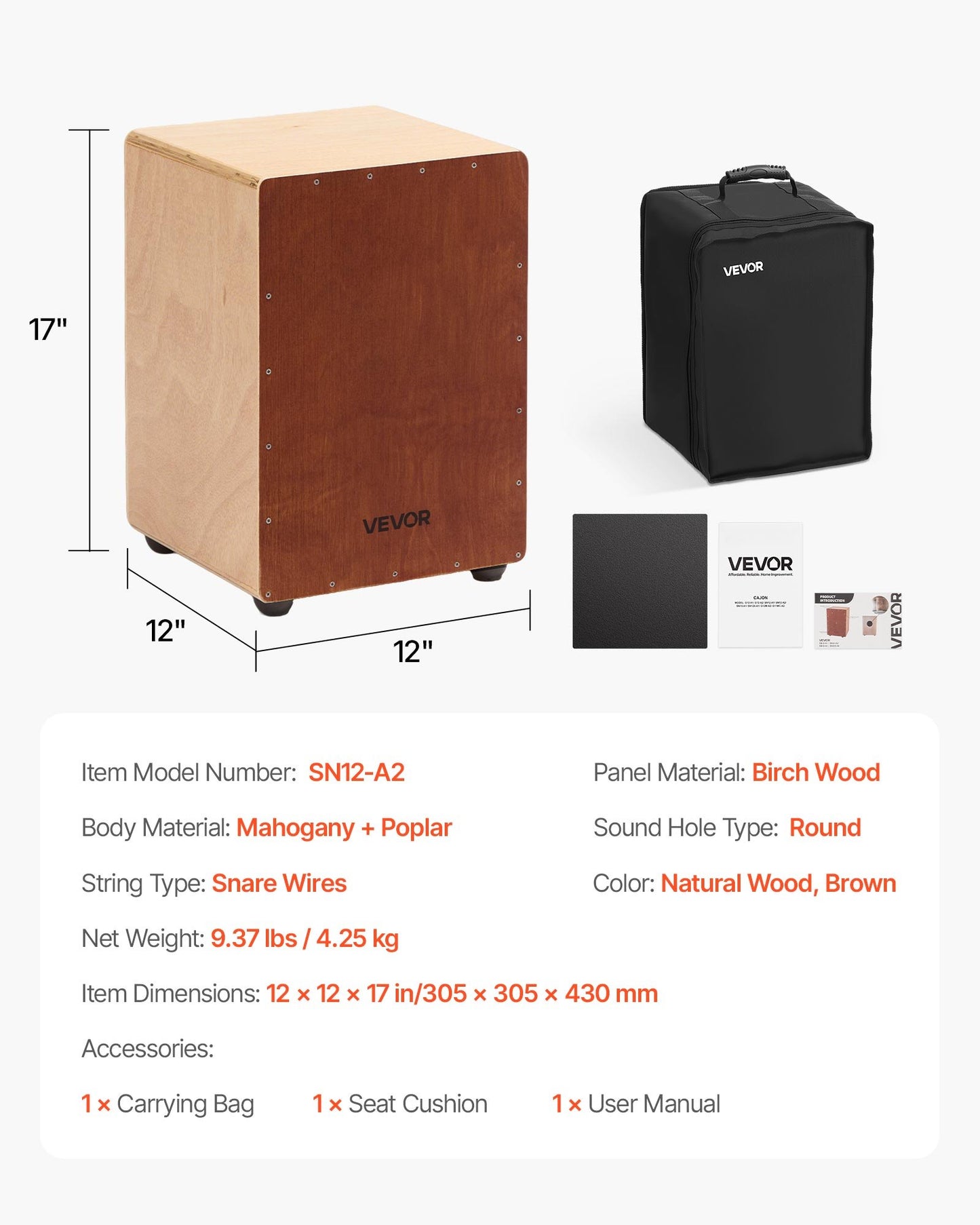 Cajon Box Drum Wooden Birchwood Percussion Instrument Snare Wires Travel Bag