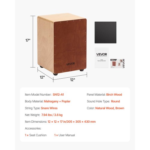 Cajon Box Drum Wooden Birch Wood Percussion Instrument with Snare Drum | EU