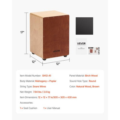 Cajon Box Drum Wooden Birch Wood Percussion Instrument with Snare Drum | EU