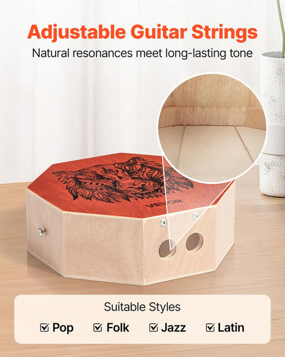 Unique Cajon Box Drum, with Internal Guitar Strings, Portable Wooden Percussion Box, Birch Wood Drum Musical Instrument with Adjustable Strap, for Beginners & Professionals, 11.6 x 11.6 x 4 in