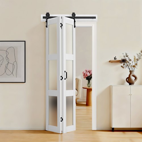 Bifold Barn Door, 36" x 84", MDF with Tempered Glass Bi-Fold Sliding Closet Doors, Hardware Kit Included, Space-Saving Design, Pre-Assembled Panels for Bedroom, Living Room, Wardrobe, White