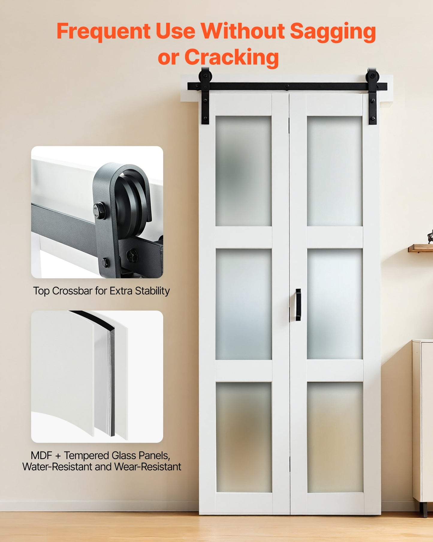 Bifold Barn Door, 36" x 84", MDF with Tempered Glass Bi-Fold Sliding Closet Doors, Hardware Kit Included, Space-Saving Design, Pre-Assembled Panels for Bedroom, Living Room, Wardrobe, White