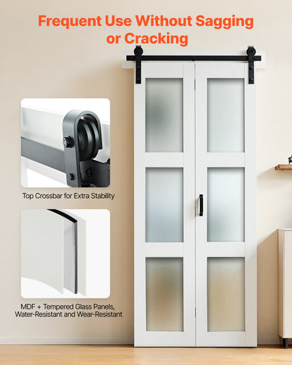 Bifold Barn Door, 36" x 84", MDF with Tempered Glass Bi-Fold Sliding Closet Doors, Hardware Kit Included, Space-Saving Design, Pre-Assembled Panels for Bedroom, Living Room, Wardrobe, White