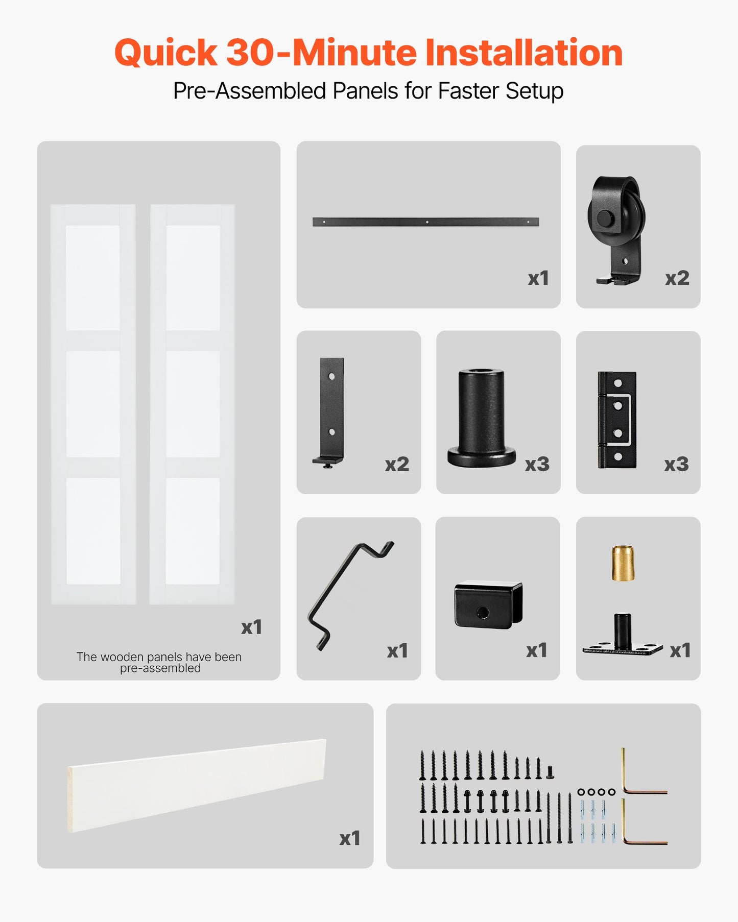Bifold Barn Door, 36" x 84", MDF with Tempered Glass Bi-Fold Sliding Closet Doors, Hardware Kit Included, Space-Saving Design, Pre-Assembled Panels for Bedroom, Living Room, Wardrobe, White