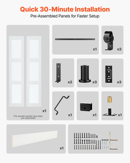 Bifold Barn Door, 36" x 84", MDF with Tempered Glass Bi-Fold Sliding Closet Doors, Hardware Kit Included, Space-Saving Design, Pre-Assembled Panels for Bedroom, Living Room, Wardrobe, White