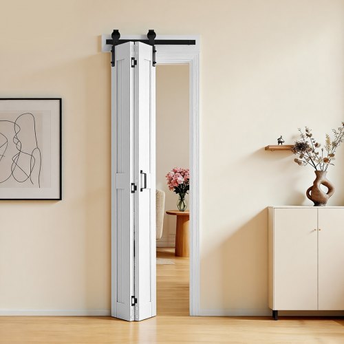 Bifold Barn Door, 24" x 84", MDF Bi-Fold Sliding Closet Doors, Hardware Kit Included, H-Frame Space-Saving Design, Need to Assemble, for Bedroom, Living Room, Wardrobe and Room Divider, White