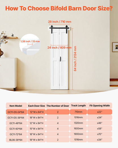 Bifold Barn Door, 24" x 84", MDF Bi-Fold Sliding Closet Doors, Hardware Kit Included, H-Frame Space-Saving Design, Need to Assemble, for Bedroom, Living Room, Wardrobe and Room Divider, White