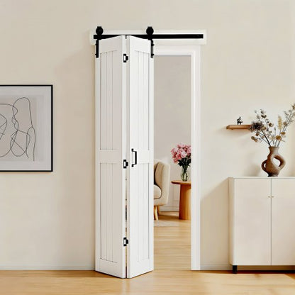 Bifold Barn Door, 36" x 84", MDF Bi-Fold Sliding Closet Doors, Hardware Kit Included, H-Frame Space-Saving Design, Need to Assemble, for Bedroom, Living Room, Wardrobe and Room Divider, White