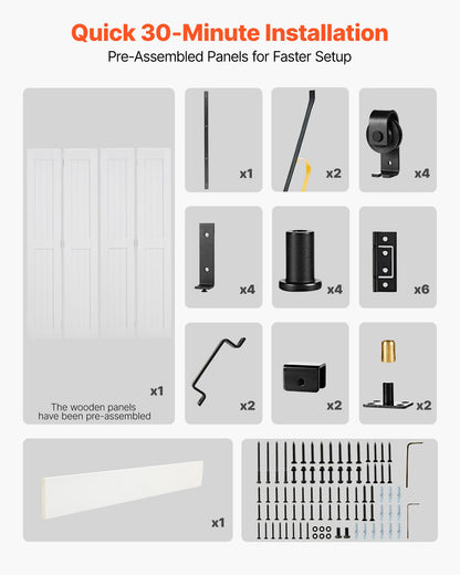 Bifold Barn Door, 60" x 84", MDF Bi-Fold Sliding Closet Doors, Hardware Kit Included, H-Frame Space-Saving Design, Pre-Assembled Panels for Bedroom, Living Room, Wardrobe and Room Divider, White