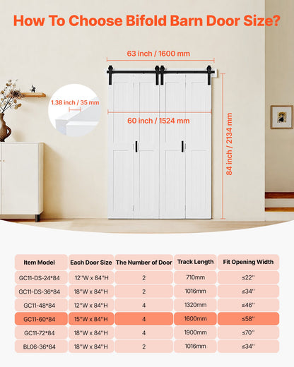 Bifold Barn Door, 60" x 84", MDF Bi-Fold Sliding Closet Doors, Hardware Kit Included, H-Frame Space-Saving Design, Pre-Assembled Panels for Bedroom, Living Room, Wardrobe and Room Divider, White