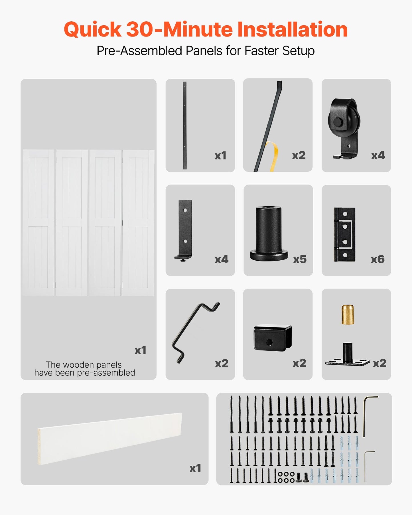Bifold Barn Door, 72" x 84", MDF Bi-Fold Sliding Closet Doors, Hardware Kit Included, H-Frame Space-Saving Design, Pre-Assembled Panels for Bedroom, Living Room, Wardrobe and Room Divider, White