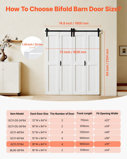Bifold Barn Door, 72" x 84", MDF Bi-Fold Sliding Closet Doors, Hardware Kit Included, H-Frame Space-Saving Design, Pre-Assembled Panels for Bedroom, Living Room, Wardrobe and Room Divider, White