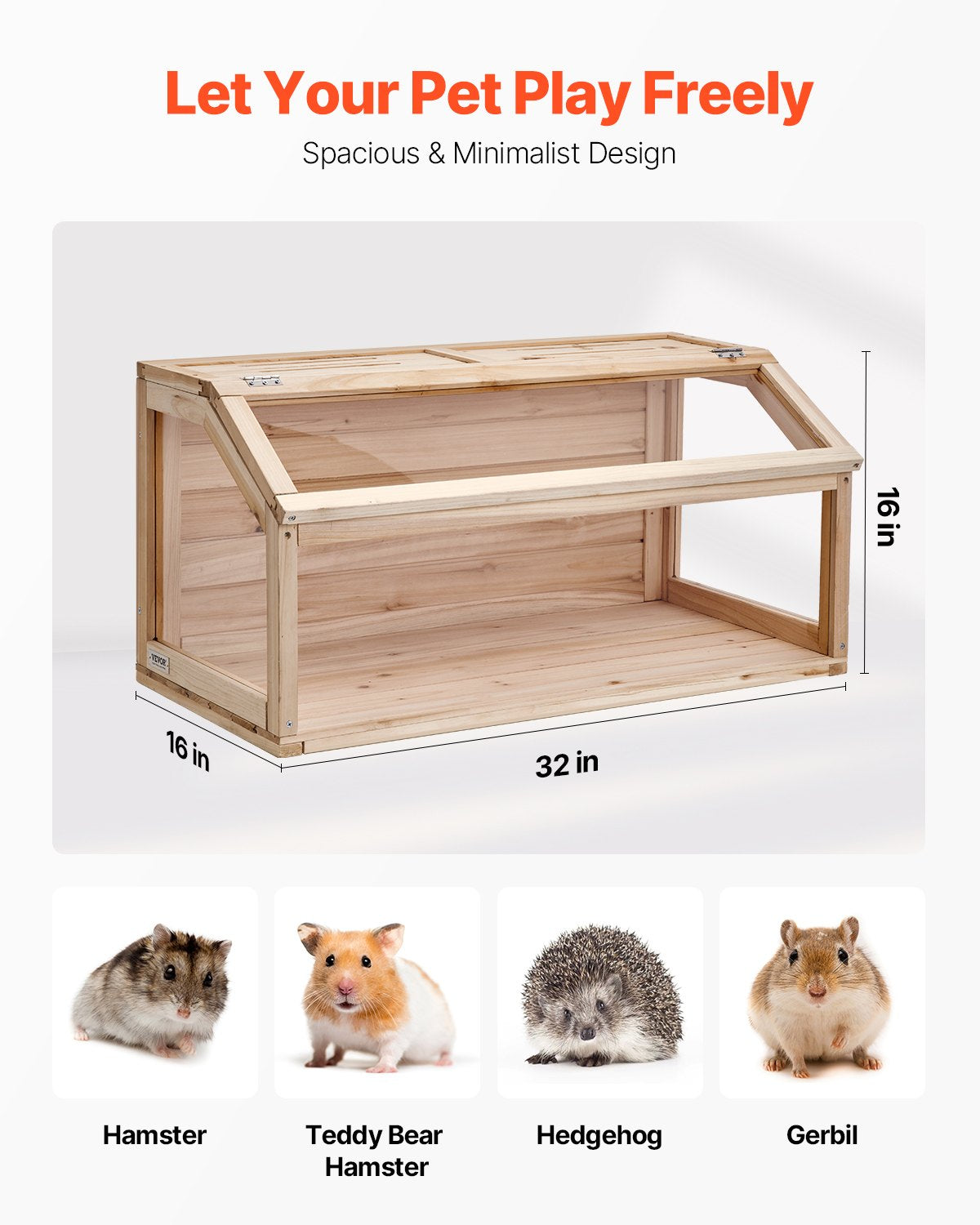 Wooden Hamster Cage, 270° Viewing Hamster Habitat, 32 x 16 x 16 in, Dwarf Hamster Cages with Openable Top, Ventilated Small Animal Cage, Pet Mouse Cage for Gerbils, Rats, Guinea Pigs, Mice