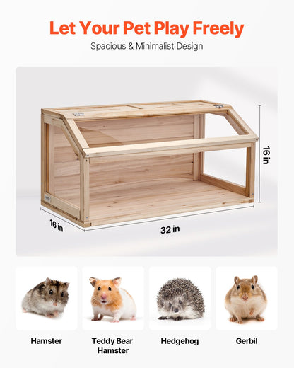 Wooden Hamster Cage, 270° Viewing Hamster Habitat, 32 x 16 x 16 in, Dwarf Hamster Cages with Openable Top, Ventilated Small Animal Cage, Pet Mouse Cage for Gerbils, Rats, Guinea Pigs, Mice
