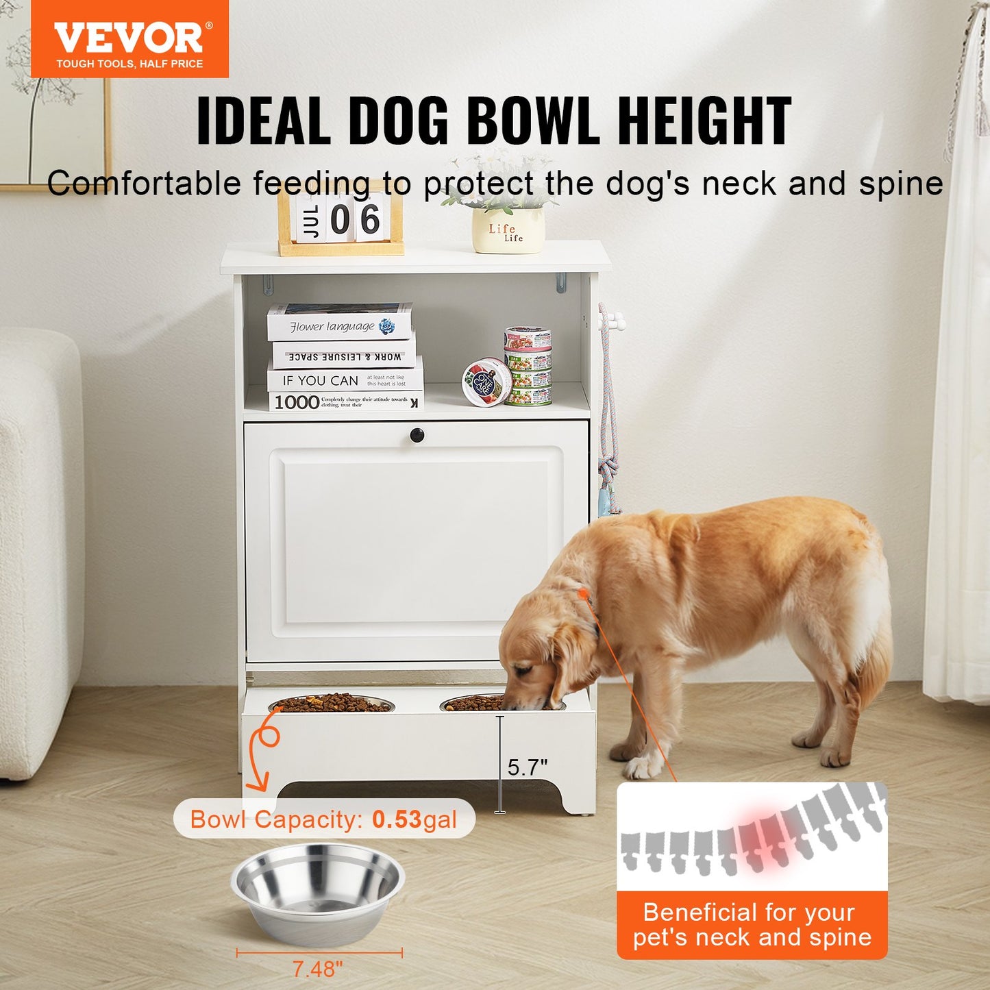Pet Feeding Station with 2 Elevated Dog Bowls Dog Food and Toy Storage Cabinet