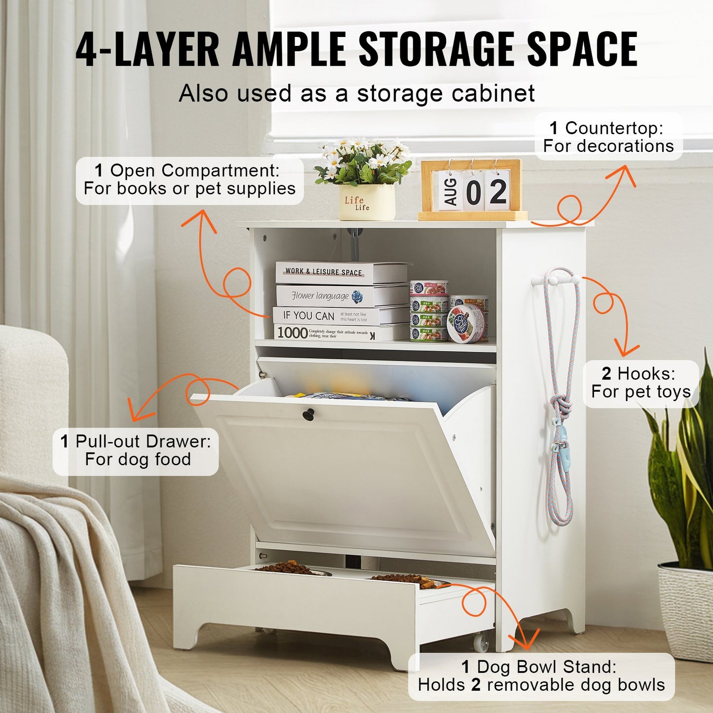 Pet Feeding Station with 2 Elevated Dog Bowls Dog Food and Toy Storage Cabinet