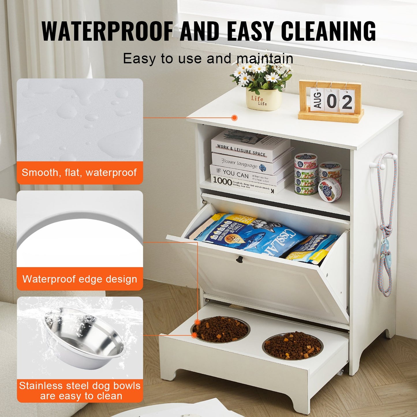 Pet Feeding Station with 2 Elevated Dog Bowls Dog Food and Toy Storage Cabinet