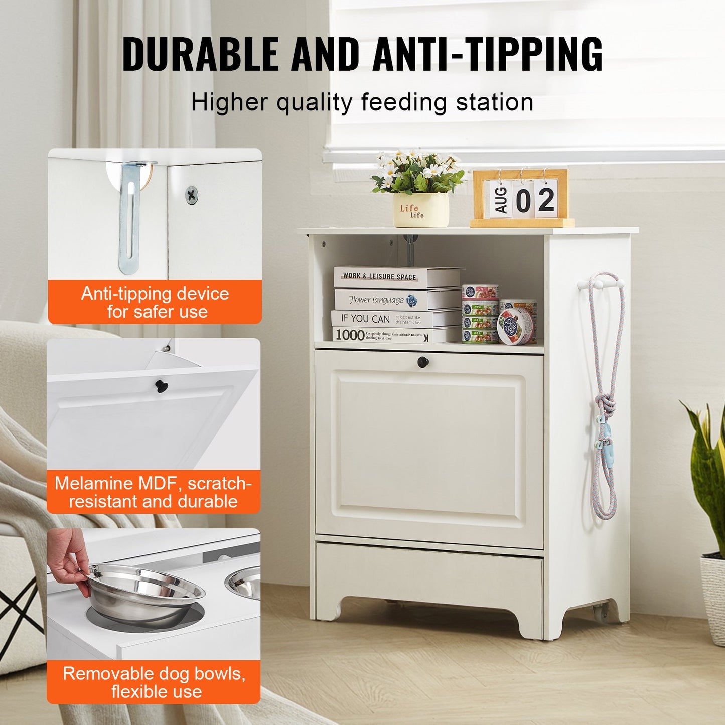 Pet Feeding Station with 2 Elevated Dog Bowls Dog Food and Toy Storage Cabinet