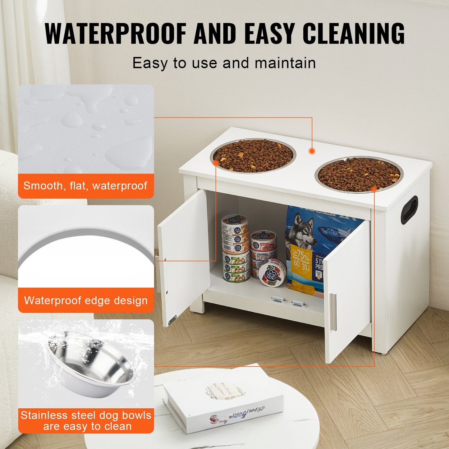 Pet Feeding Station with 2 Elevated Dog Bowls Dog Food and Toy Storage Cabinet