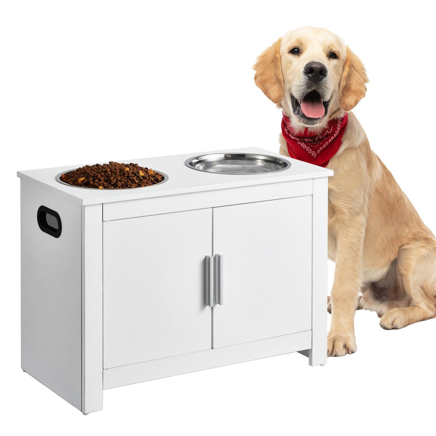 Pet Feeding Station with 2 Elevated Dog Bowls Dog Food and Toy Storage Cabinet