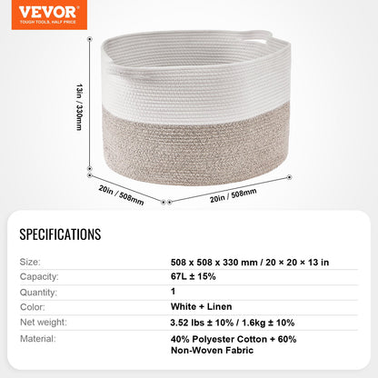 Blanket Basket, 67L, Cotton Rope Basket, Woven Basket with Handles, 20" x 13" Round Laundry Hamper Basket Collapsible Extra Large Storage Basket Bins for Organizing Clothes Kids Toys Pillows