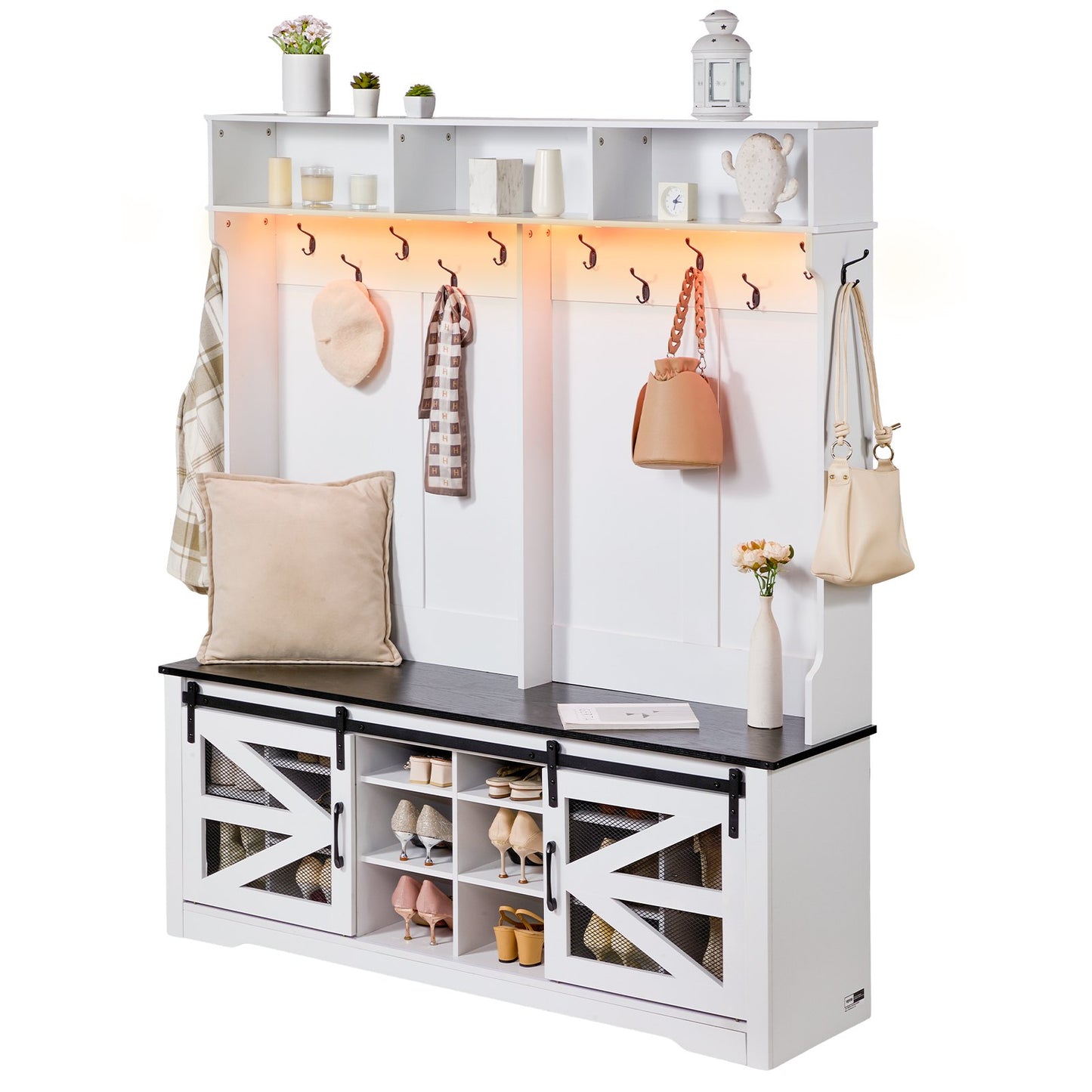 Hallway tree Wooden hallway tree with bench 12 hooks for entrance and hallway