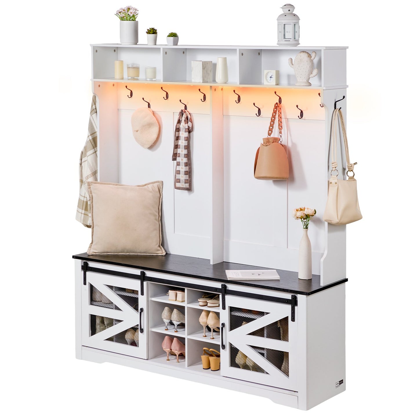 Hallway tree Wooden hallway tree with bench 12 hooks for entrance and hallway