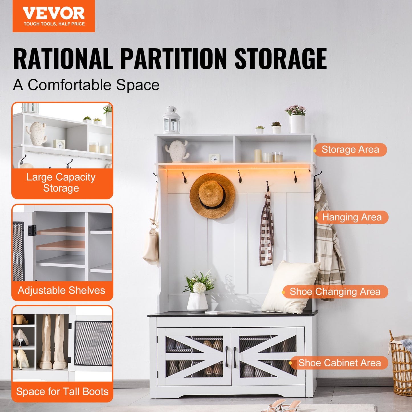 Hall tree Wooden hall tree with bench 7 hooks for entrance and hall