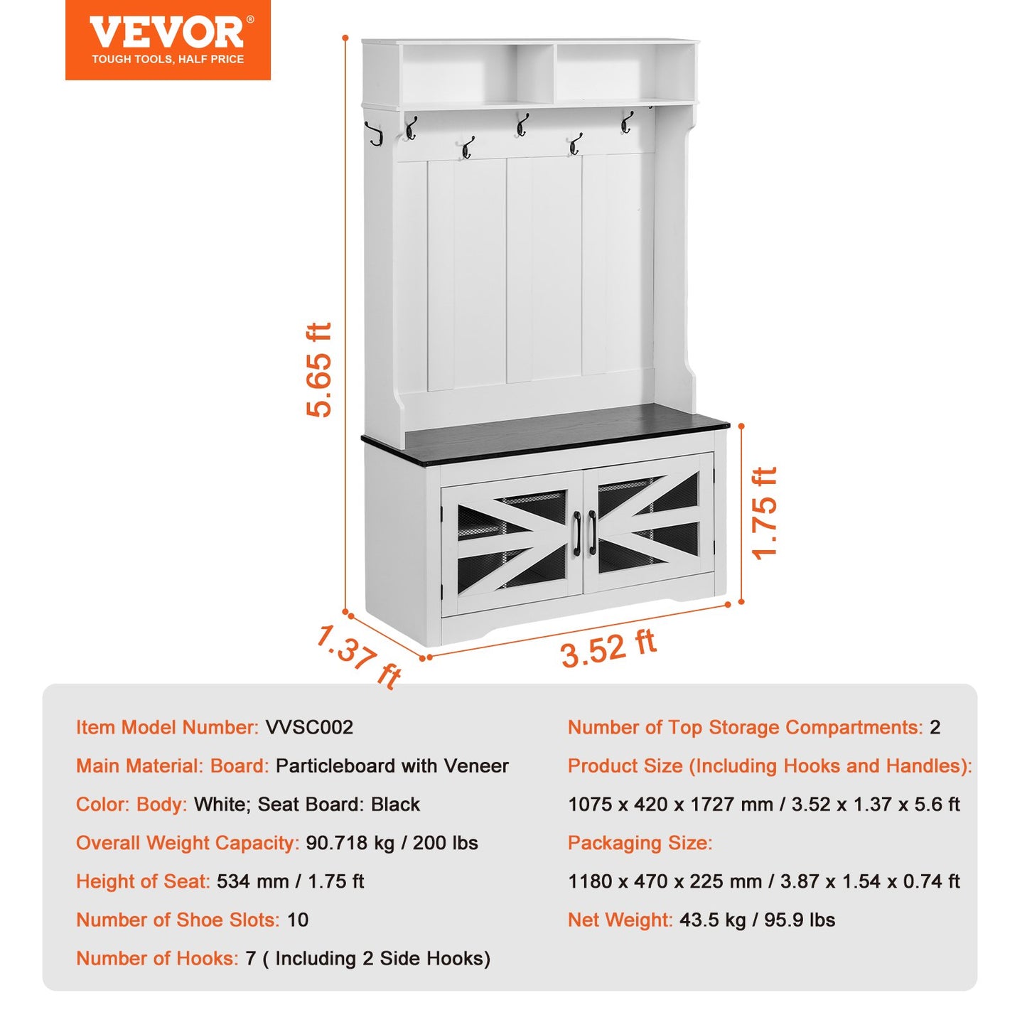 Hall tree Wooden hall tree with bench 7 hooks for entrance and hall