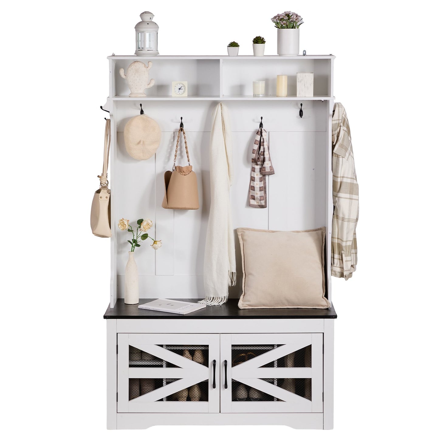 Hall tree Wooden hall tree with bench 7 hooks for entrance and hall