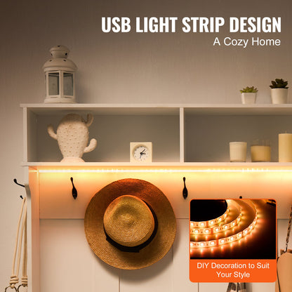 Hall Tree Entryway Bench, LED Coat Rack with Shoe Storage, 42" Wide Mudroom bench with Storage and Seating, Adjustable Shelves and 7 Hanging Hooks, for Mudroom, Entryway, Hallway