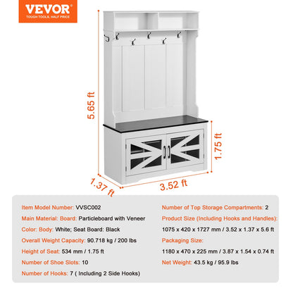 Hall Tree Entryway Bench, LED Coat Rack with Shoe Storage, 42" Wide Mudroom bench with Storage and Seating, Adjustable Shelves and 7 Hanging Hooks, for Mudroom, Entryway, Hallway