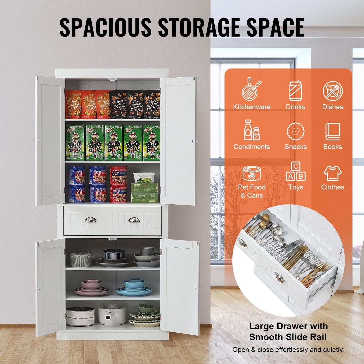 72" Kitchen Pantry Storage Cabinet, Freestanding Utility Cabinets with Doors, Drawer and 3 Adjustable Shelves, Tall Food Buffet Pantries for Kitchen, Living Room, Dinning Room, Laundry, White