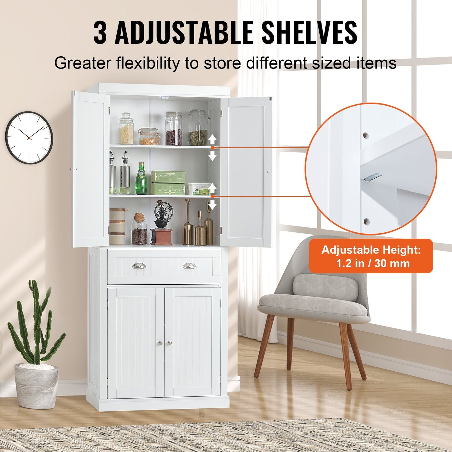 72" Kitchen Pantry Storage Cabinet, Freestanding Utility Cabinets with Doors, Drawer and 3 Adjustable Shelves, Tall Food Buffet Pantries for Kitchen, Living Room, Dinning Room, Laundry, White