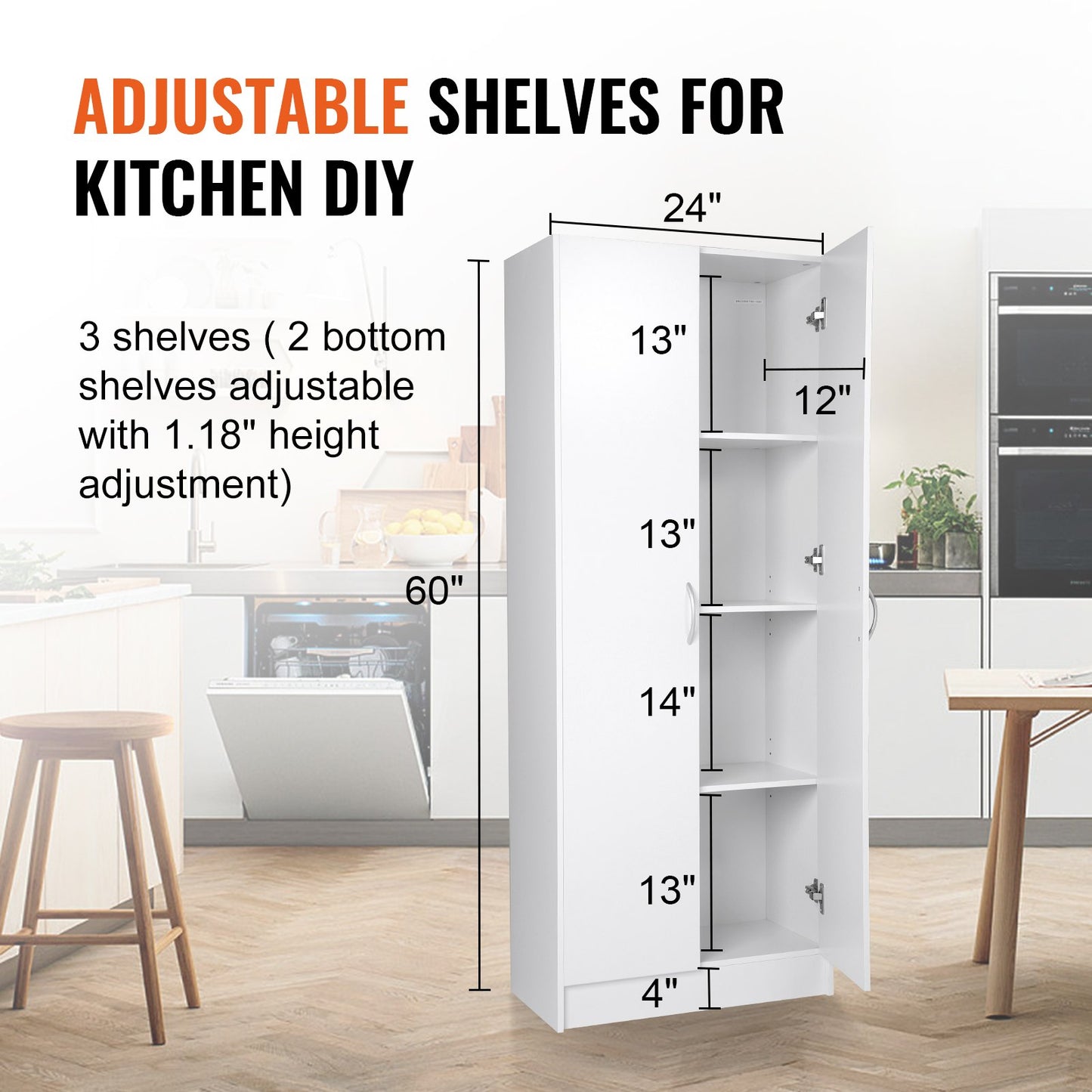 Kitchen Pantry Cabinet, 60" Tall Food Pantry Storage Cabinet, 110LBS Freestanding Storage Cabinet Cupboard with 3 Shelves(2 Adjustable), Engineered Wood Utility Pantry for Kitchen, Dining Room