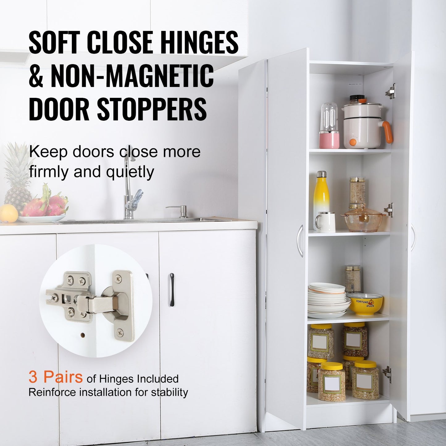 Kitchen Pantry Cabinet, 60" Tall Food Pantry Storage Cabinet, 110LBS Freestanding Storage Cabinet Cupboard with 3 Shelves(2 Adjustable), Engineered Wood Utility Pantry for Kitchen, Dining Room