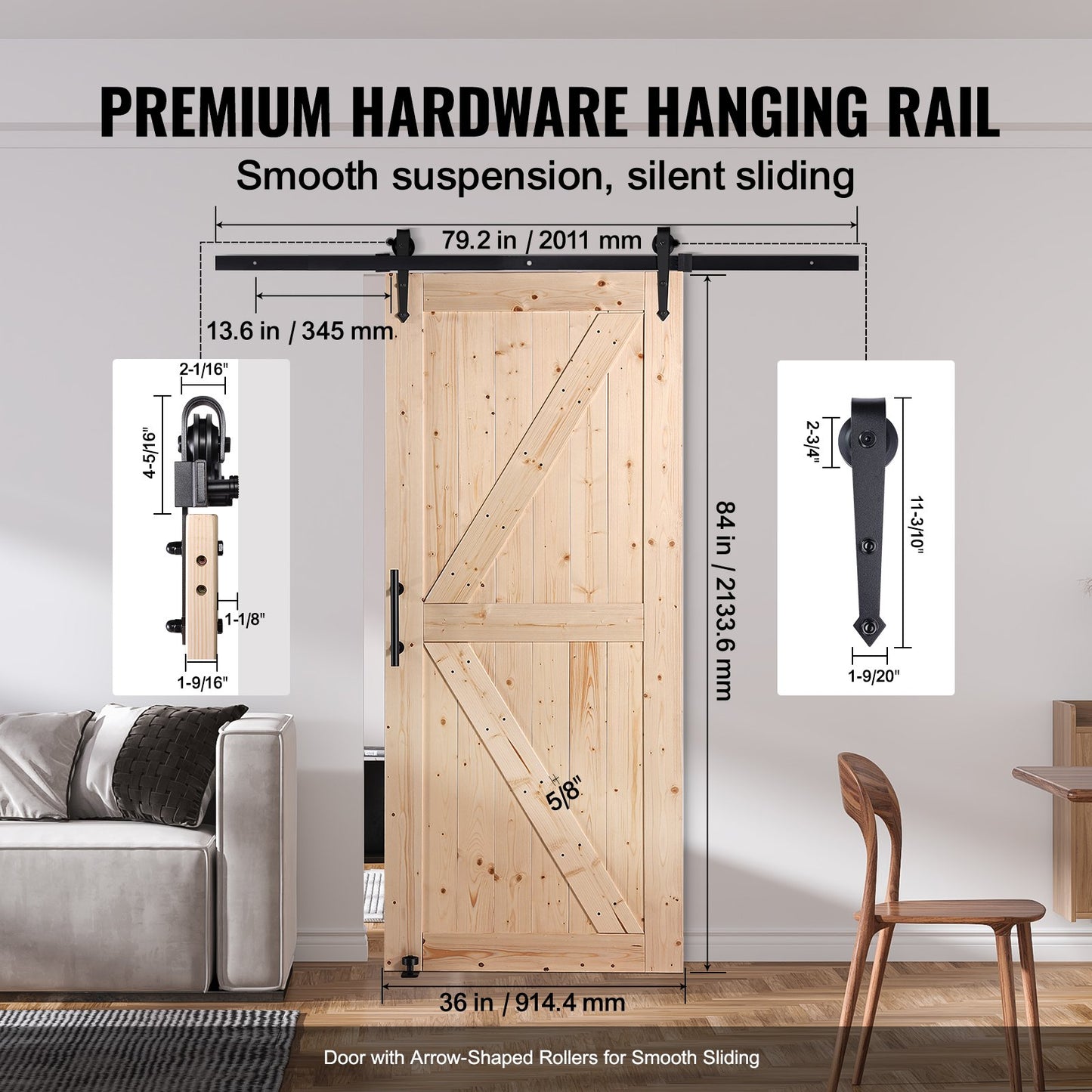 Barn Door and Hardware Kit, 36" x 84" Wood Sliding Barn Door, Smoothly and Quietly, Barn Door Kit with 8-in-1 Floor Guide and Door Handle, Spruce Wood Panelled Slab, Easy to Install