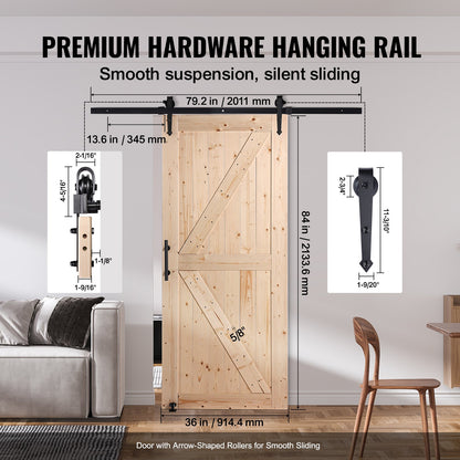 Barn Door and Hardware Kit, 36" x 84" Wood Sliding Barn Door, Smoothly and Quietly, Barn Door Kit with 8-in-1 Floor Guide and Door Handle, Spruce Wood Panelled Slab, Easy to Install
