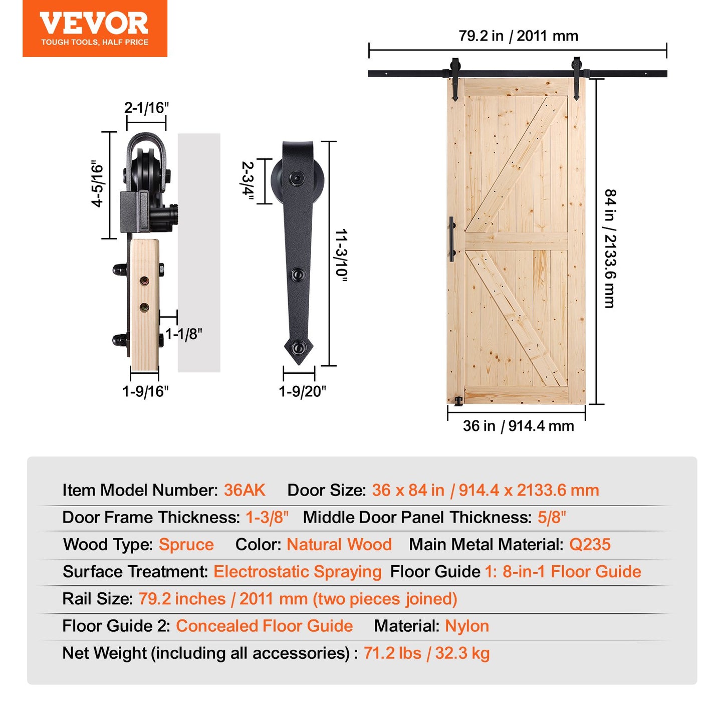 Barn Door and Hardware Kit, 36" x 84" Wood Sliding Barn Door, Smoothly and Quietly, Barn Door Kit with 8-in-1 Floor Guide and Door Handle, Spruce Wood Panelled Slab, Easy to Install