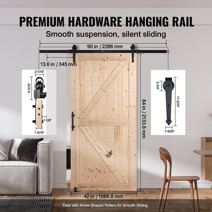 Barn Door and Hardware Kit, 42" x 84" Wood Sliding Barn Door, Smoothly and Quietly, Barn Door Kit with 8-in-1 Floor Guide and Door Handle, Spruce Wood Panelled Slab, Easy to Install