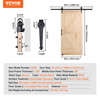 Barn Door and Hardware Kit, 42" x 84" Wood Sliding Barn Door, Smoothly and Quietly, Barn Door Kit with 8-in-1 Floor Guide and Door Handle, Spruce Wood Panelled Slab, Easy to Install