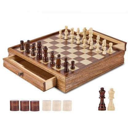 Solid Wood Chess Set, 15 inch 2-IN-1 Chess Checkers Game Set, Chess Board Games with Storage Drawer & Weighted Chess Checkers Pieces & 2 Queens, for Adults Kids Tournament Professional Beginner